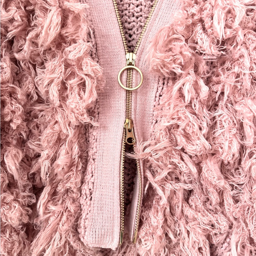 Anthropologie NWT Bubble Textured Sweater Jacket Sz L Pink Rose 2 way Zip BOHO - Picture 10 of 14